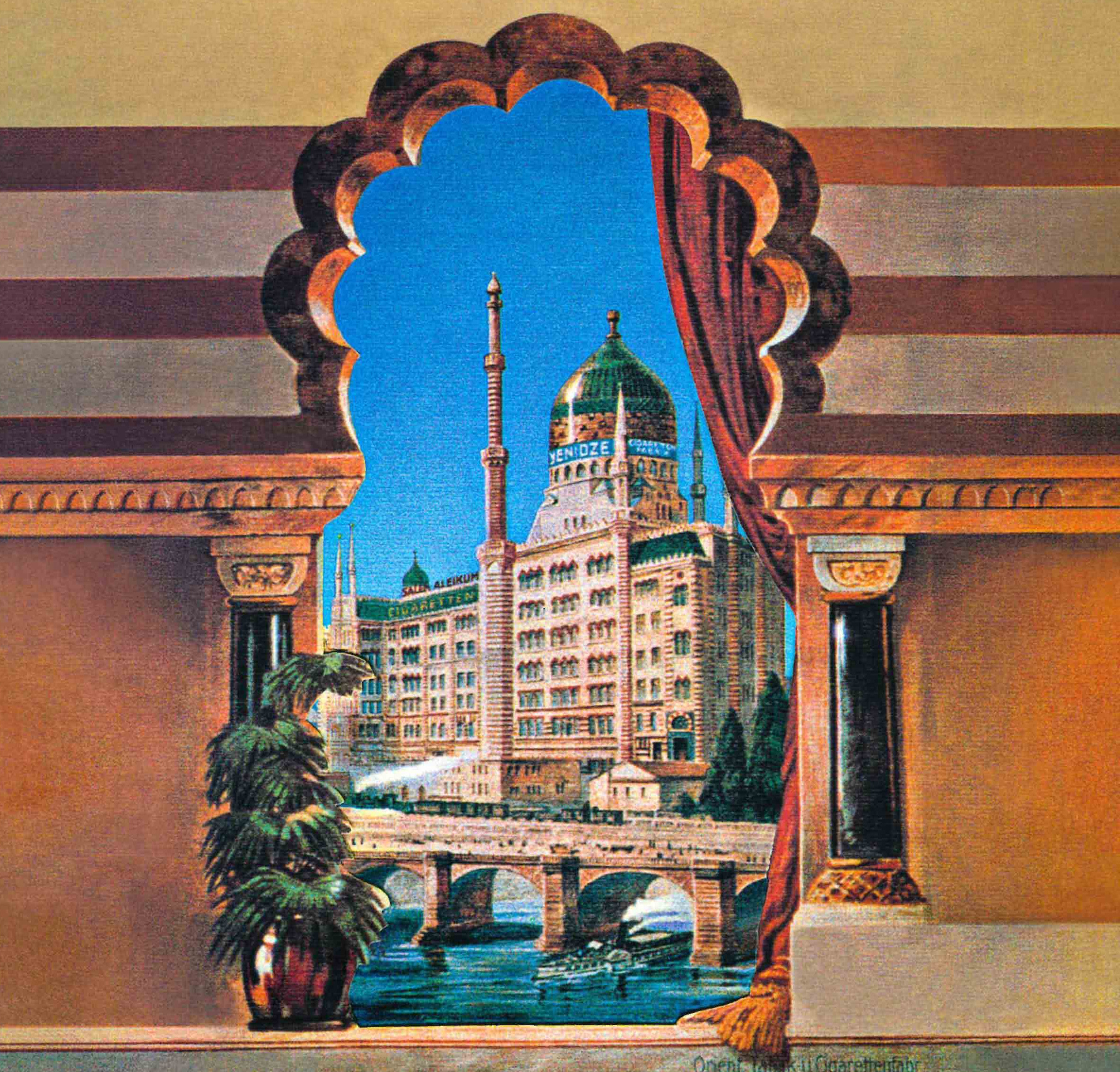 KI generiert: Das Bild zeigt das Cover eines Buches mit dem Titel "Tabakrausch an der Elbe: Geschichten zwischen Orient und Okzident". Im Vordergrund ist ein orientalisch gestaltetes Fenster zu sehen, durch das man auf ein großes Gebäude mit einer Kuppel und Minaretten blickt.