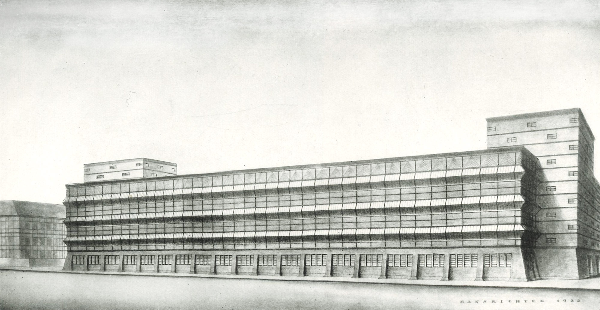 KI generiert: Das Bild zeigt eine architektonische Zeichnung eines modernen, mehrstöckigen Gebäudes mit großen Fenstern und klaren, geometrischen Linien. Es scheint sich um ein Entwurfsbild eines Industrie- oder Bürokomplexes zu handeln.