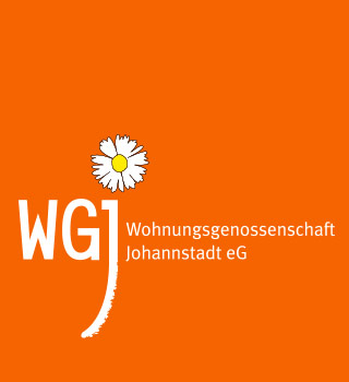 KI generated: The image shows the logo of Wohnungsgenossenschaft Johannstadt eG on an orange background. The logo contains the abbreviation "WGJ" and a stylised flower.