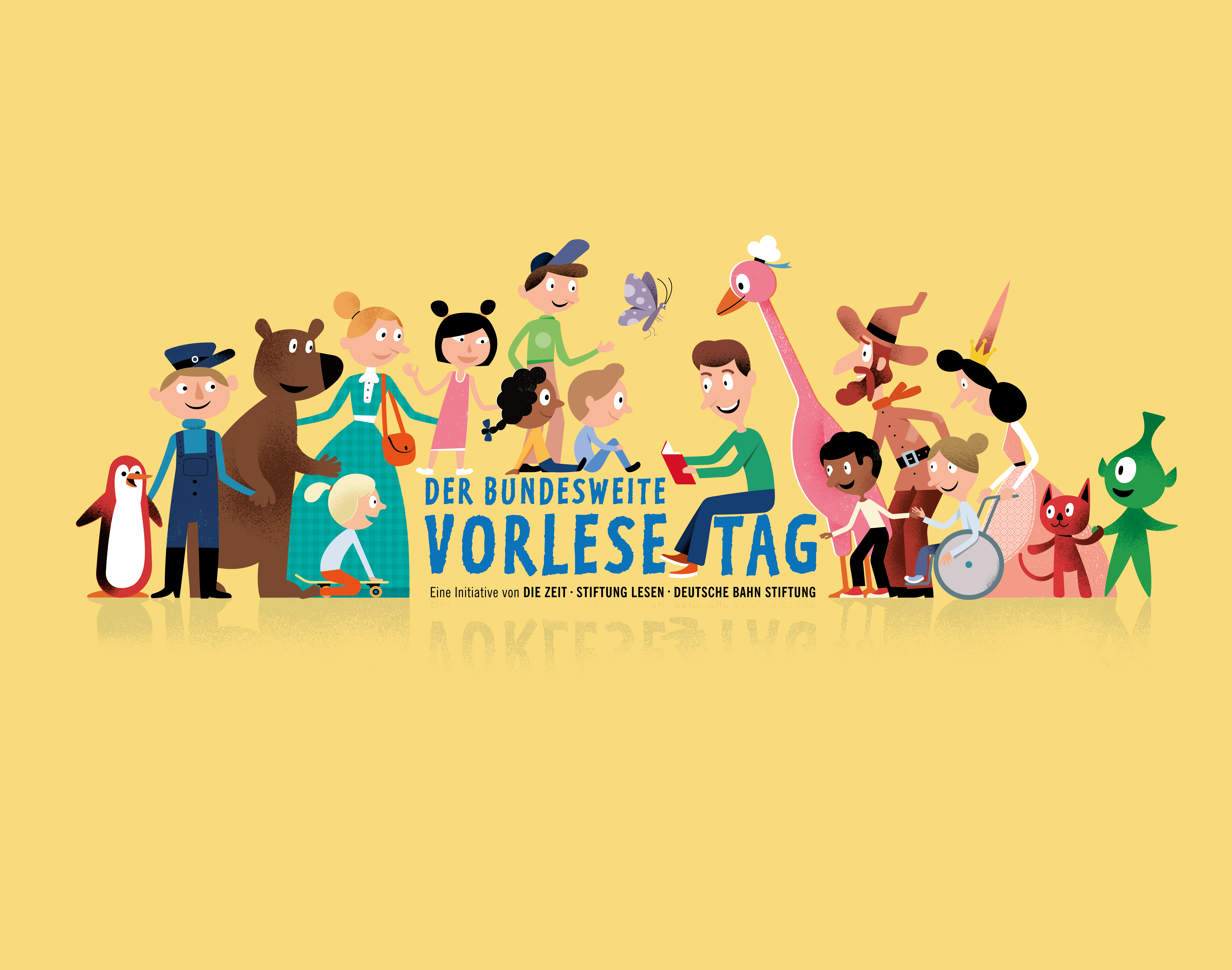 KI generiert: Das Bild zeigt eine bunte Gruppe von Menschen und Tieren, die um den Text „Der Bundesweite Vorlesetag“ angeordnet sind. Es handelt sich um eine Initiative zur Förderung des Lesens.