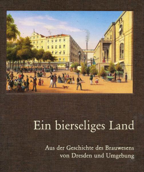 KI generiert: Das Bild zeigt eine historische, städtische Szene mit Menschen, die sich in einem öffentlichen Platz oder Park aufhalten. Unterhalb der Szene steht der Titel "Ein bierseliges Land: Aus der Geschichte des Brauwesens von Dresden und Umgebung", was darauf hinweist, dass das Bild ein Buch über die Biergeschichte der Region illustriert.