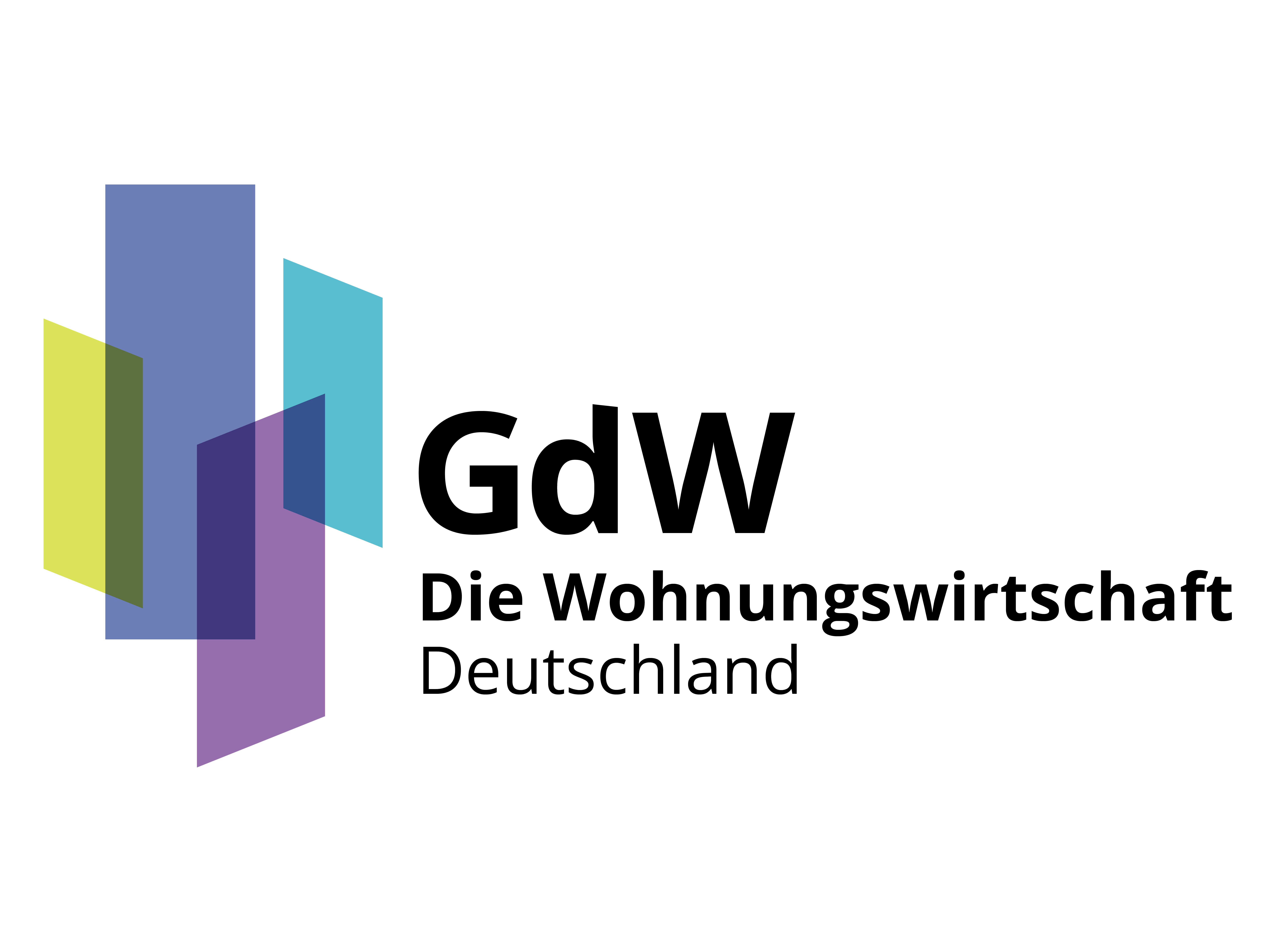 KI generiert: Das Bild zeigt das Logo des GdW (Gesamtverband der deutschen Wohnungswirtschaft), mit abstrakten, überlappenden, farbigen Formen und dem Text "GdW Die Wohnungswirtschaft Deutschland".