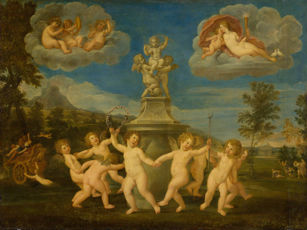 KI generiert: Das Bild zeigt eine Gruppe von Putti, die um ein steinernes Monument tanzen, während am Himmel Putti auf Wolken musizieren oder ruhen. Die Szene vermittelt eine heitere, festliche Stimmung in einer idyllischen Landschaft.