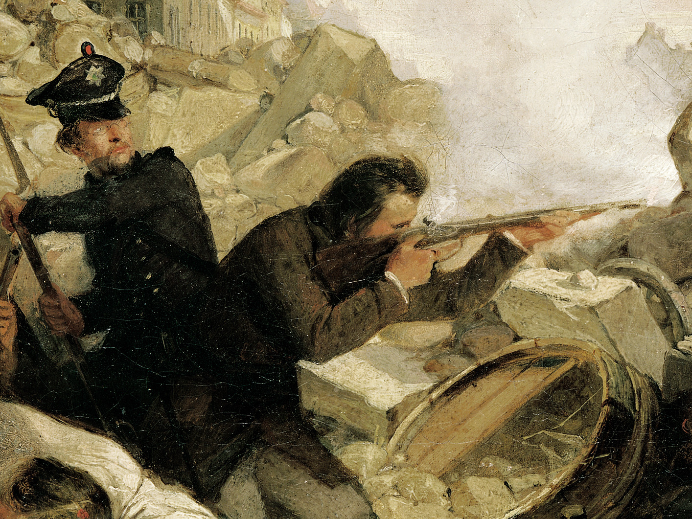 KI generiert: Das Bild zeigt zwei bewaffnete Männer inmitten von Ruinen, einer davon zielt mit einem Gewehr. Die Szene vermittelt eine angespannte und kämpferische Atmosphäre.