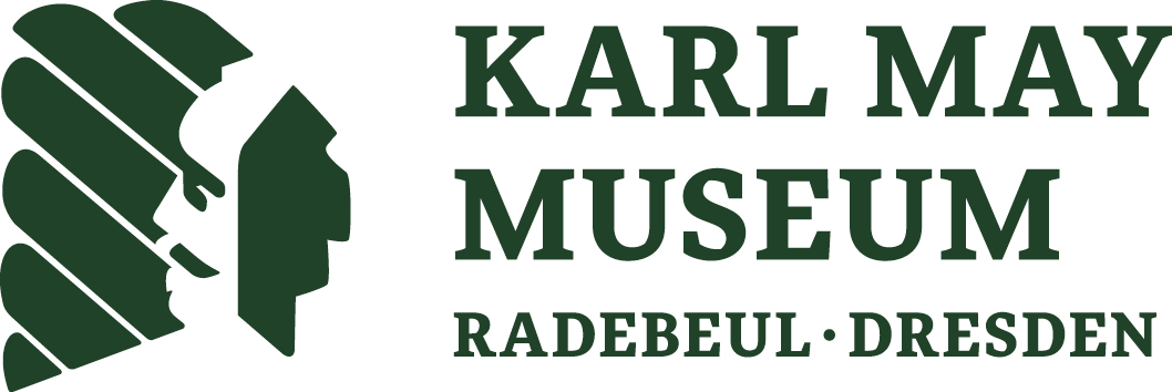 KI generiert: Das Bild zeigt das Logo des "Karl May Museums" in Radebeul bei Dresden. Das Logo enthält einen stilisierten Kopf im Profil und den Text "Karl May Museum, Radebeul · Dresden".