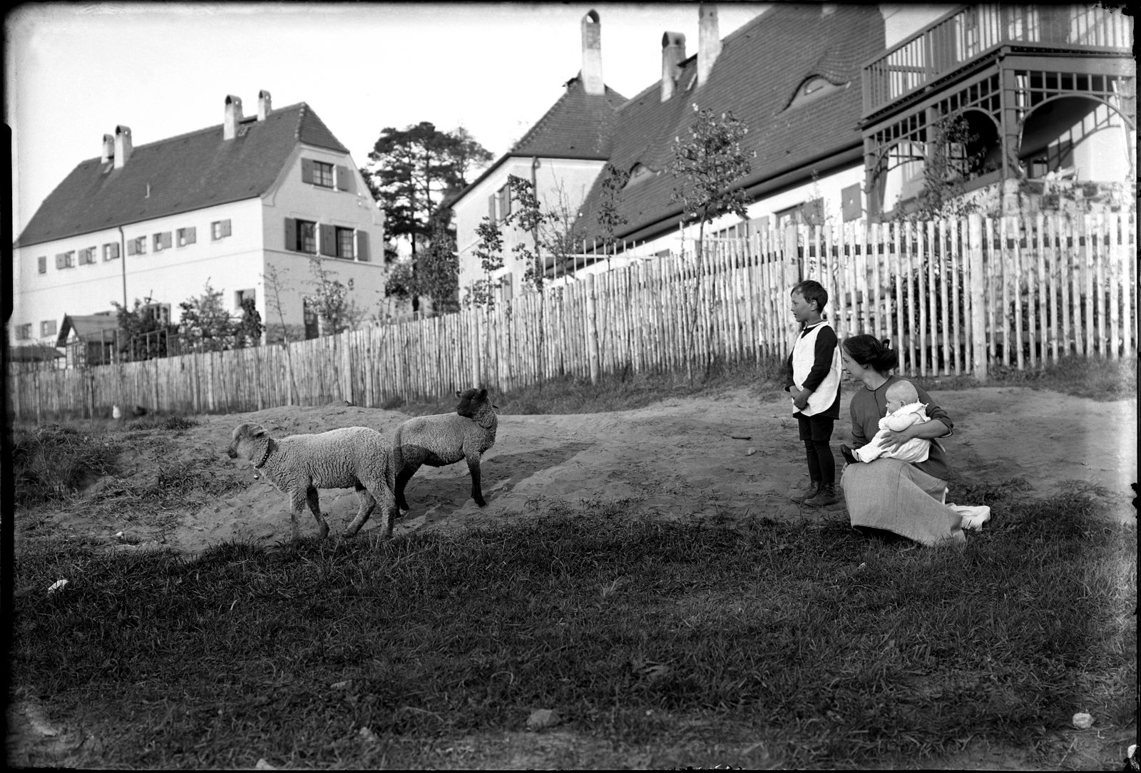 KI generiert: Das Bild zeigt zwei Kinder, die einem Kleinkind und zwei Lämmern im Freien bei Wohnhäusern zusehen. Der Hauptinhalt ist eine ländliche Szene, die einen ruhigen Moment in einer Wohnsiedlung einfängt.