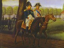 KI generiert: Das Bild ist ein Poster für eine Ausstellung im Stadtmuseum Dresden mit dem Titel "Verlorener Sieg Dresden 1813". Es zeigt eine historische Szene mit zwei Personen in napoleonischen Uniformen auf Pferden, die durch eine parkähnliche Landschaft reiten.