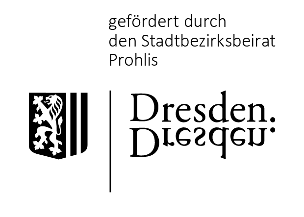KI generiert: Das Bild zeigt das Wappen von Dresden und den Text "gefördert durch den Stadtbezirksbeirat Prohlis". Der Hauptinhalt ist eine Förderung des Stadtbezirksbeirats Prohlis.
