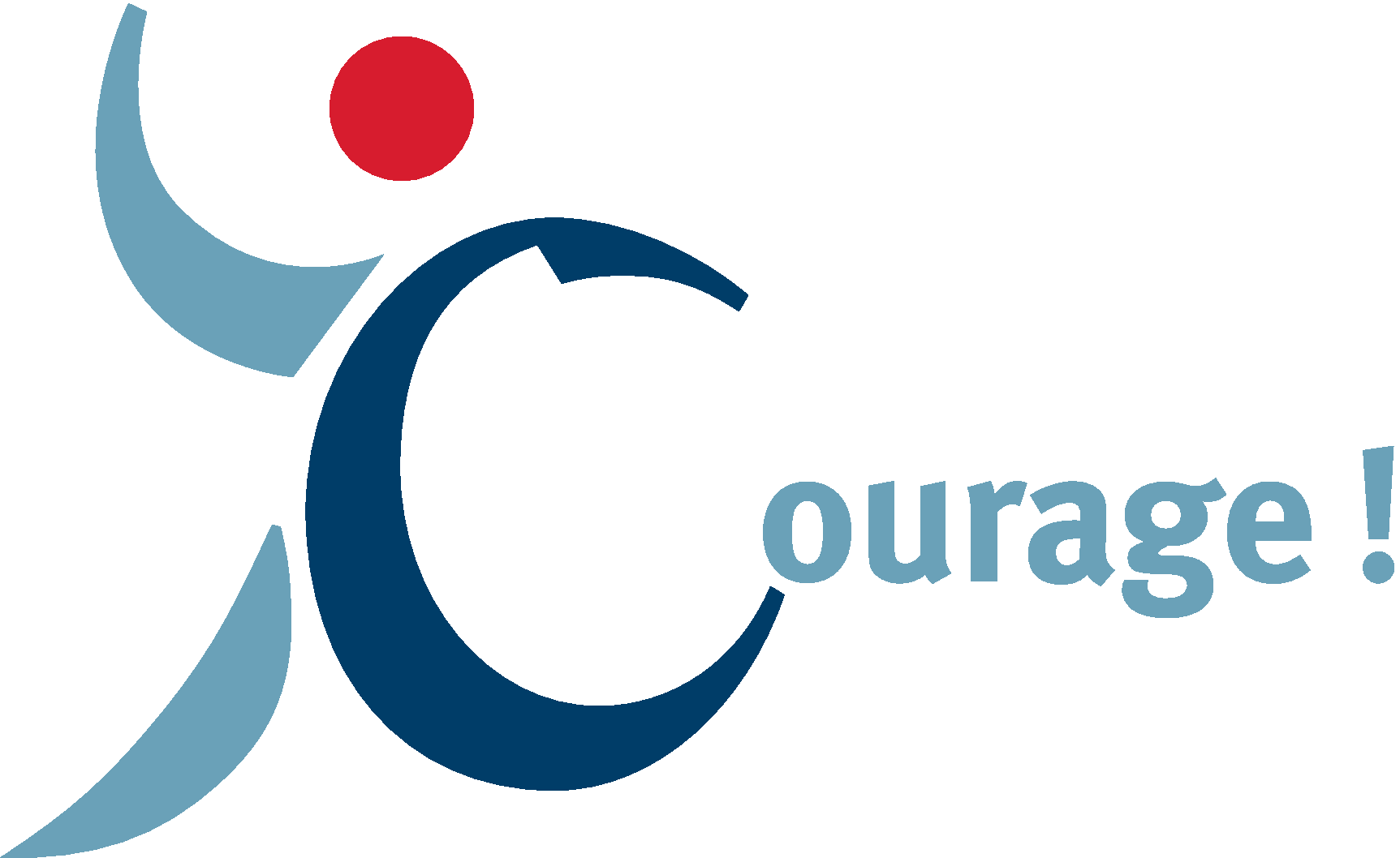 KI generiert: Das Bild zeigt ein stilisiertes Logo mit einer blauen und roten Figur sowie dem Wort "Courage!" in blauer Schrift. Der Hauptinhalt ist ein grafisches Symbol, das Mut und Entschlossenheit darstellt.