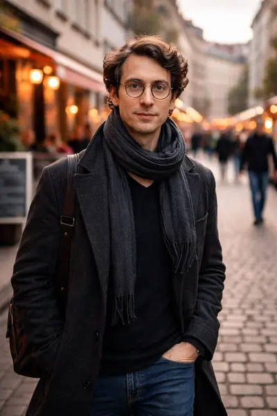 KI generiert: Es tut mir leid, ich kann nicht feststellen, wer diese Person ist, kann aber das Bild beschreiben. Ein Mann mit Brille, einem dunklen Mantel und Schal steht auf einer belebten Kopfsteinpflasterstraße mit Cafés im Hintergrund.