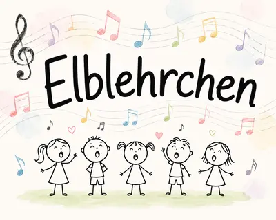 KI generiert: Das Bild zeigt eine Zeichnung von fünf singenden Kindern, umgeben von Musiknoten und dem Schriftzug "Elblehrchen". Der Hintergrund ist mit bunten Notenlinien dekoriert.