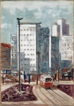 KI generiert: Das Bild zeigt eine Stadtlandschaft mit modernen Hochhäusern und einer Straßenbahn, die entlang der Schienen fährt. Im Vordergrund sind Bäume und eine Laterne zu sehen.