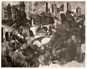 KI generiert: Das Bild zeigt ein abstraktes Stadtbild mit Gebäuden im Hintergrund und Menschen in unterschiedlichen alltäglichen Szenen im Vordergrund. Die Komposition verbindet Architektur und menschliche Aktivität in einem dynamischen, künstlerischen Stil.