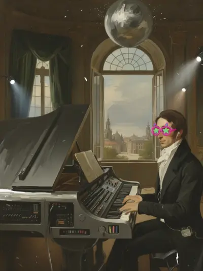KI generiert: Auf dem Bild sitzt eine Person in einem eleganten Raum am Keyboard, trägt auffällige Sonnenbrillen und im Hintergrund ist eine Discokugel an der Decke. Die Atmosphäre verbindet klassisches Ambiente mit modernen Elementen.