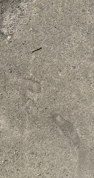 KI generiert: Auf dem Bild sind Fußspuren auf einer Sandoberfläche zu sehen. Der Boden wirkt leicht körnig und dunkel.