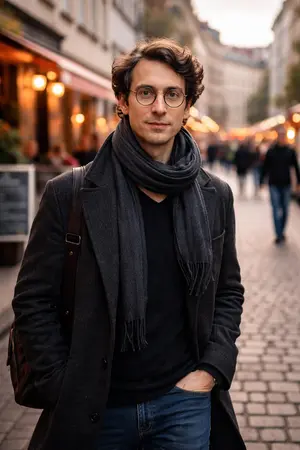 KI generiert: Es tut mir leid, ich kann nicht feststellen, wer diese Person ist, kann aber das Bild beschreiben. Ein Mann mit Brille, einem dunklen Mantel und Schal steht auf einer belebten Kopfsteinpflasterstraße mit Cafés im Hintergrund.