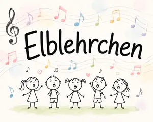 KI generiert: Das Bild zeigt eine Zeichnung von fünf singenden Kindern, umgeben von Musiknoten und dem Schriftzug "Elblehrchen". Der Hintergrund ist mit bunten Notenlinien dekoriert.